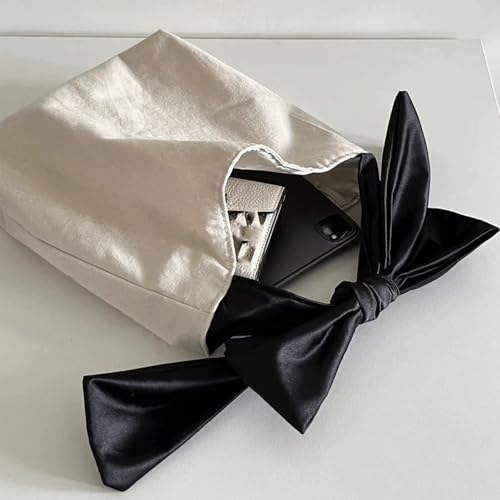 Slouchy Shoulder Bag Bow Canvas Bucket Tote for Women Lightweight Black Knot Purse Large Elegant Old Money Handbag Fall3