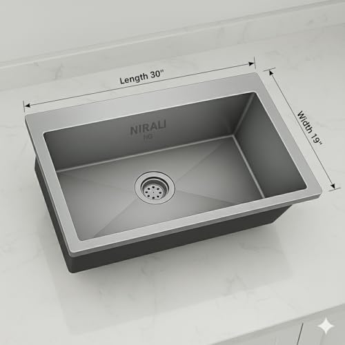 Image of Nirali Kitchen Sink Square 30 inchx19 inchx9 inch Morgan | 304 Grade Stainless Steel | Handmade Single Bowl Sink with Waste Coupling | 25 Yrs Warranty on Product by Brand (Morgan 30x19)