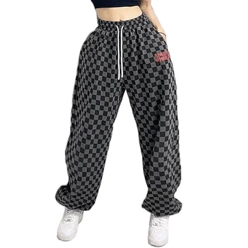 Women's Hiphop Street Dance Pants Elastic Waist Loose Wide-Leg Black/White Checkered RetroJazz Trousers