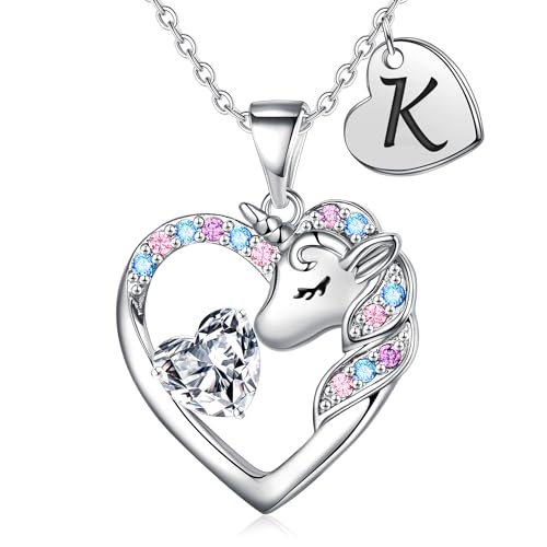 Necklace for Girls Kids Gifts - Colorful CZ Heart Initial Necklaces Unicorn Necklace for Girls Jewelry Birthday Graduation Gifts for Little Girl Kids