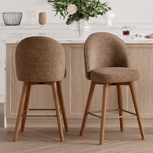 Image of Modern Swivel Bar Stools Set of 2, Chic Upholstered Counter Height(26IN) Bar Chair with Back, Solid Wood Legs and Footrest, Comfortable Chenille Bar Stool for Kitchen Island, Chestnut Brown