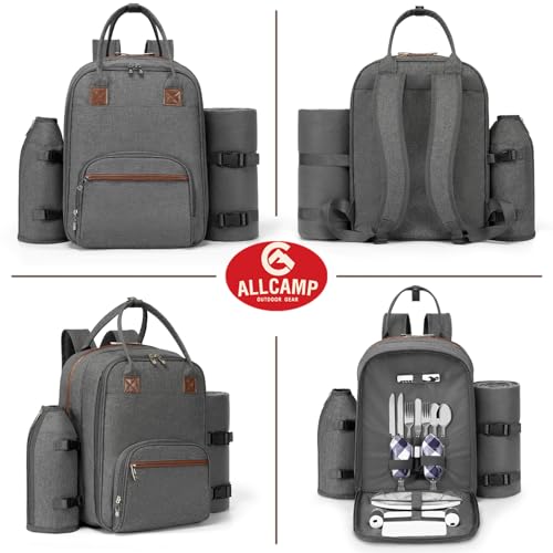 ALLCAMP Picnic Backpack - Insulated Cooler Bag with Compartment, Detachable Wine Glass Holder, Throw Blanket & Cutlery Set, 2 Person Picnic Set for Family Outings, Couple Gifts (Gray) - Image 4