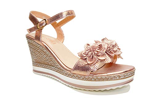 IVACHY Womens Wedge Ladies Summer Floral Sandal Metallic Platform With Flowers Shoes Size UK