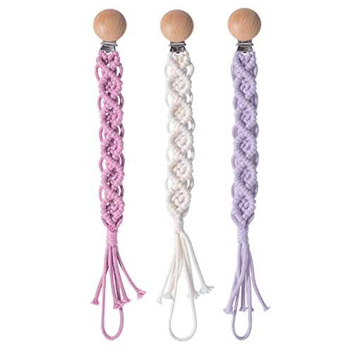 Image of Symbolife Boho Pacifier Clip for Boys Girls Pacifier Holder Leash Wooden Clips Handmade Braided Cotton Unisex Baby Shower Birthday Gift Christmas Gift