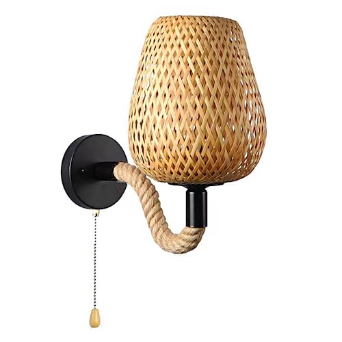 Apliques de Pared Bohemios con Interruptor de Cadena para Dormitorio, lámpara de Pared de Mimbre rústico con Pantalla Hecha a Mano, lámpara de Lectura Ondulada para Loft y Sala de Estar (Juego de 2)