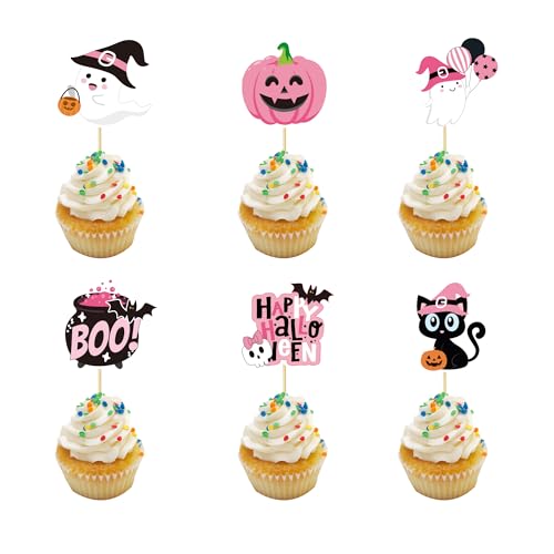 24 Pink Ghost Cupcake Toppers - Halloween Theme Kids Birthday Party Supplies
