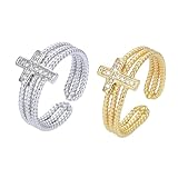 Ciieeo Fingerringe Damen 2 Stück Verstellbare Offene Kreuzringe mit Zirkonia Schmuck Silber und Goldfarben für Party und Freizeit