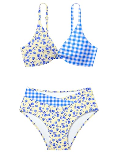 Image of Teen Girls Swimsuits V-Neck Bikini Set Bathing Suits Cross Straps Two Piece Swimwear with Drawstring
