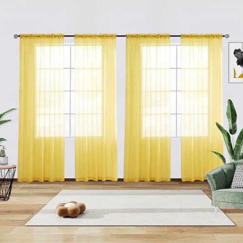 youleyar Solid Sheer Rod Pocket Curtain Voile Draperies 4 Panels White Beige Black Grey Ivory 52 Inch Width 63 Inch Long 1 Pair for Kitchen Bedroom Children Living Room Yard(Yellow,52 Wｘ63 L)