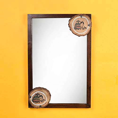 Image of AAKRITI ART CREATIONS Wooden Wall Mirror with Madhubani Painted Round Wooden Tiles