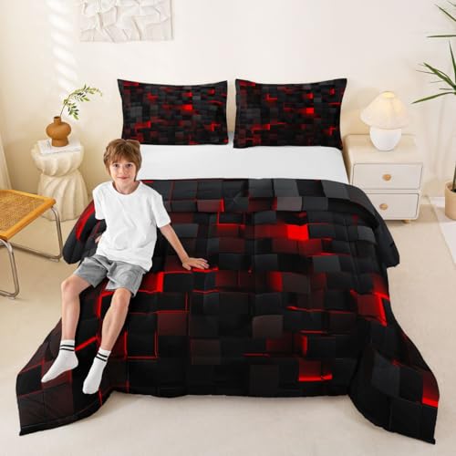 Image of Erosebridal Black and Red Comforter Set Queen Neon Geometric Checkered Bedding Set Gamer Room Decor for Boys,Abstract Grids Quilt Comforter for Kids Teen Men Plaid Check Bed Set 3 Pcs