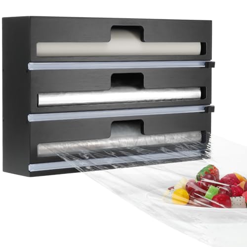 Housolution Distributeur Papier Aluminium et Film, Distributeur pour Film et Aluminium de 30cm de Long, 3 en 1 Dérouleur Film Alimentaire avec Coupe, Noir