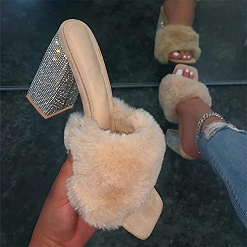 Slippers Womens Slip on Fluffy Slippers Chunky Heel Platform Slippers Rhinestone Open Toe Sandals Shoes (Color : Beige, Size : 12 US)3