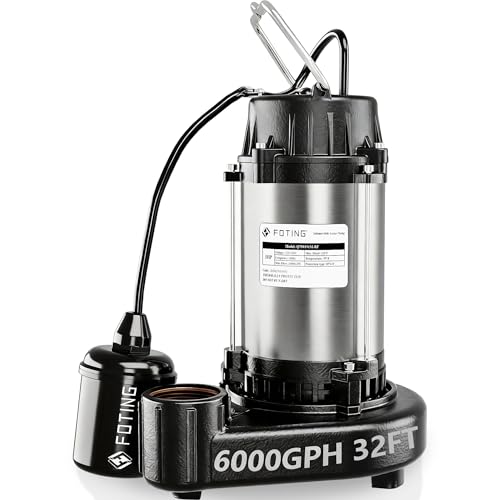 FOTING 1HP 6000GPH Sump Pump Submersible Sewage/Effluent Pump, Heavy Duty Cast Iron Septic Pump, Sump Pumps for Basement, Septic Tank, Sewage Well, Sewage System, 1-1/2'' NPT Discharge