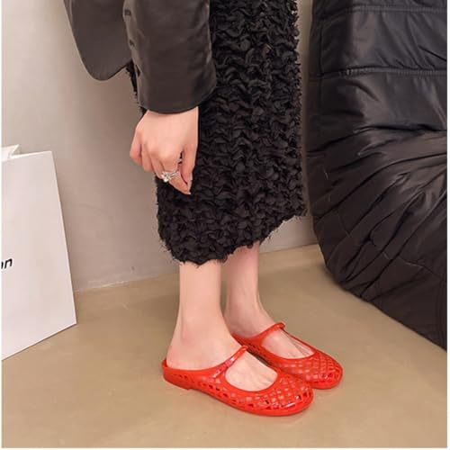 Image of Jelly Mesh Ballet Flats for Women Clear Hollow Jelly Shoes Sandals Round Toe Non-Slip Beach Ballerina Jellies Flats Shoes