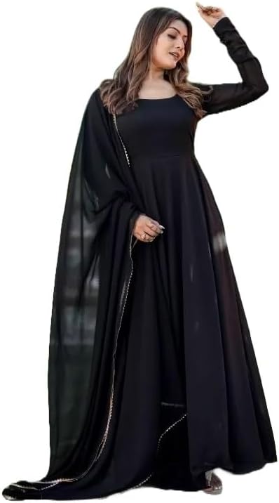 FIBREZAWomen Georgette Latest Ethnic Traditional Solid Long Sleeve Gown with Dupatta
