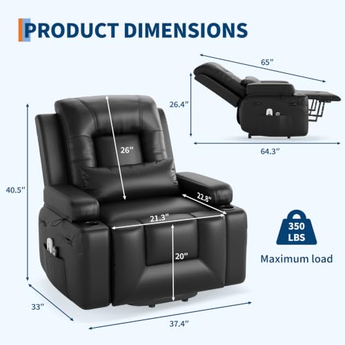 Image of Garvee Power Lift Recliner Chair - Heat and Massage, PU Leather Electric Lift Recliner for Elderly & Mobility Impaired, Reclining Sofa with Side Pocket, Soft Pillow, Cup Holders for Living Room