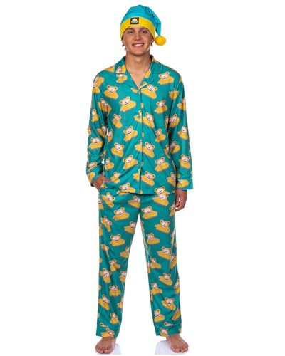 INTIMO South Park Men's Snacky Cakes Wellington Bear Eric Cartman Coat Front Pajamas with Nightcap 3 Piece Set