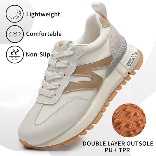 somiliss Sneakers for Women Genuine Leather Suede Patchwork Casual Lace Up Non-Slip Walking Tennis Running Shoes Fashion Sneakers Beige - Thumbnail 5