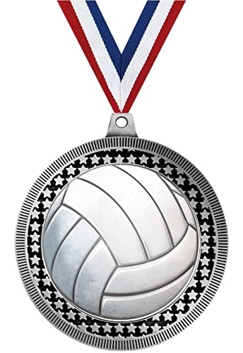 2.75" Volleyball Award Medals, Silver Vega Volleyball Team Trophy Awards Includes Free Neck Ribbon 20 Pack