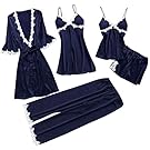 ZoePets Women's Silky Pajamas Satin 5 Piece Robe Sets Lace Up Nightgown Camisole Shorts Sleewear Set Long Pants Sets