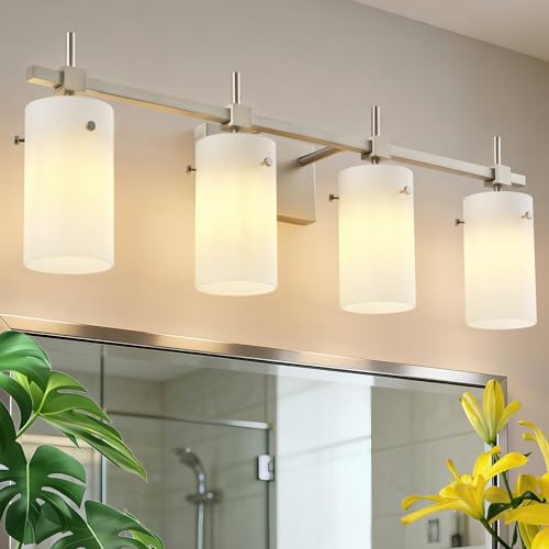 Image of SOLFART 4 Light Bathroom Vanity Lights Over Mirror, Vintage Bathroom Lighting Brushed Nickel Wall Sconce with Milky White Glass Shade