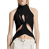 Women Sexy Cut Out Twist Front Tank Tops Hollow Out Mock Neck Knitted Sleeveless Top Tank Vest Black