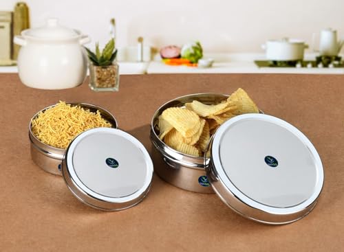 Image of Stainless Steel Puri Dabba Set - Large Size | Set of 3 Kitchen Storage Containers | Heavy Gauge Food Storage Canisters | 16.5 cm, 18 cm, 20 cm | 2.2L, 1.8L, 1.5L | Ideal for Indian Kitchen