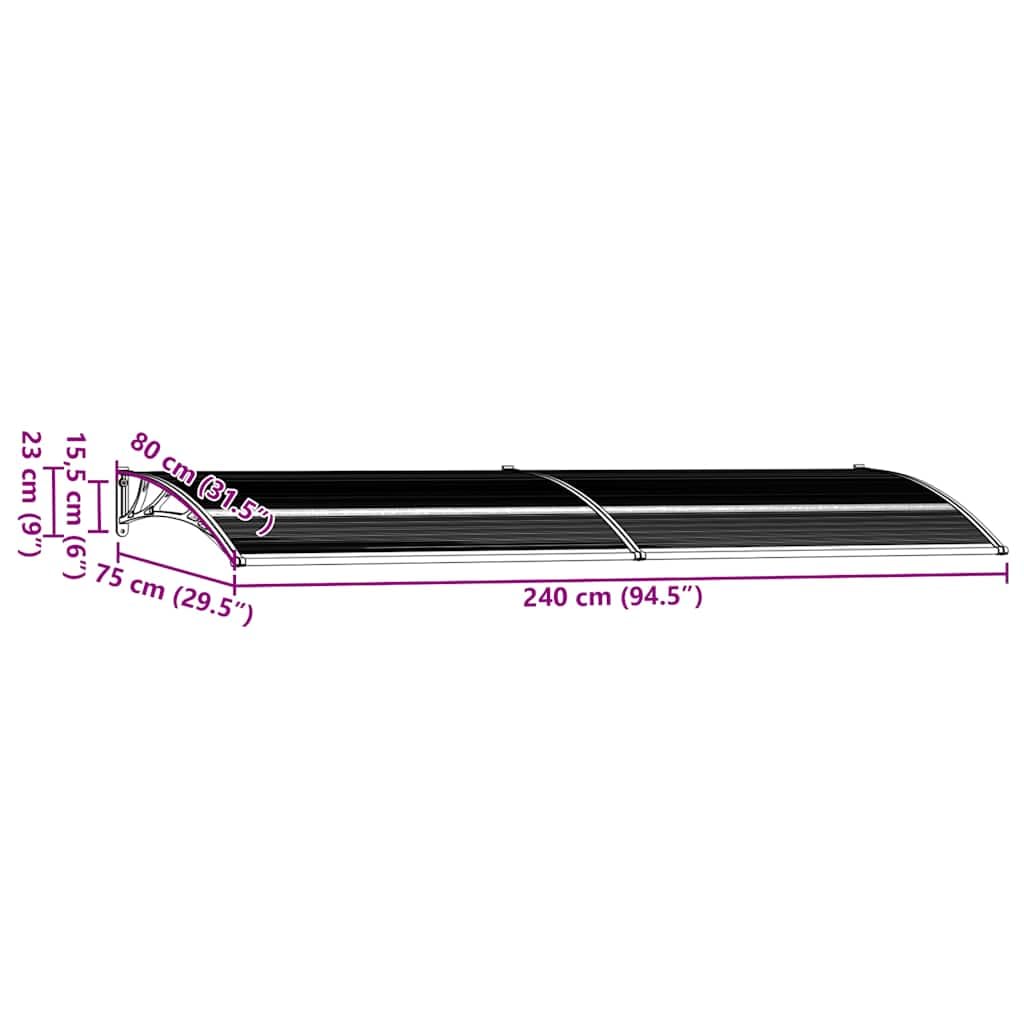 Tettoia nera 240 x 75 cm in policarbonato con staffe in ABS e aste in alluminio per porta di casa e finestre, tettuccio resistente alle intemperie con accessori di montaggio per privati