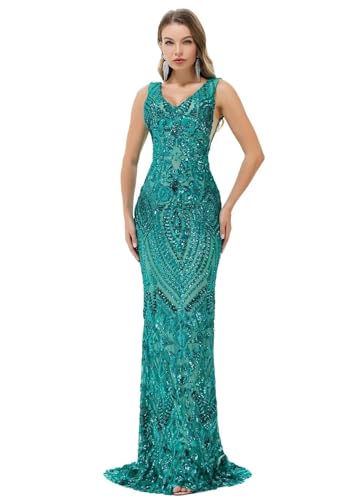 Image of Women's Wedding Bridesmaid Gown Sequined Mermaid V Neck Sleeveless Evening Dress