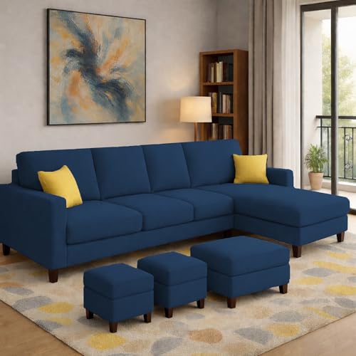 Image of Casaliving Rolando Seater L Shape Sofa Set for Living Room Left Side (Blue, 6 Seater with Ottomon - RHS)