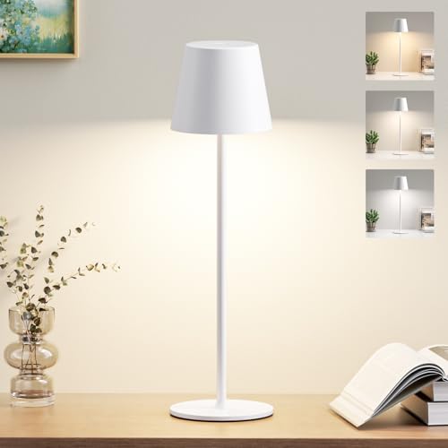PreeOtti Tischlampe Kabellos, Akku LED Tischleuchte Touch mit 3 Farbtemperatur, Stufenlos Dimmbar, Touch Lampe mit USB-C Aufladbar für Outdoor...
