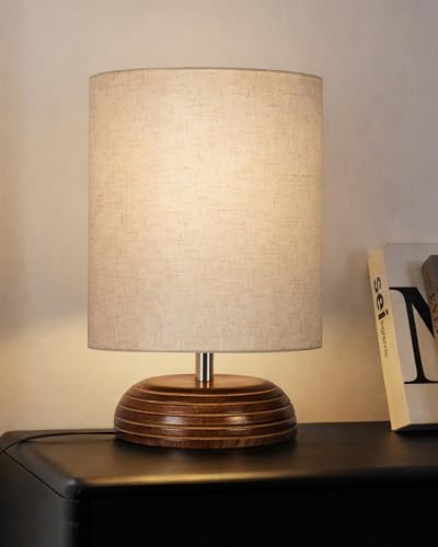 Image of Homesake Wooden Base Table Lamp with Fabric Drum Shade Aara | Warm Ambient Bedside Lamp for Bedroom, Living Room, Study, Office, Modern Classic Night Lamp Home Decor, (KD Khadi Shade)
