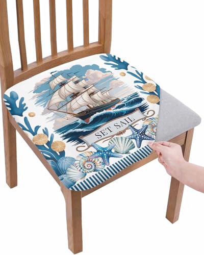 Dining Chair Seat Covers Set of 2, Ocean Set Sail Removable Washable Chair Cover Slipcovers, Sailboat Sea Waves Blue Coral Coastal Starfish Dust-proof Stretch Chairs Cover Seat for Kitchen Decor