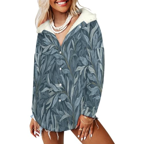 Veste polaire femme à capuche imprimé feuilles de saule bleu
