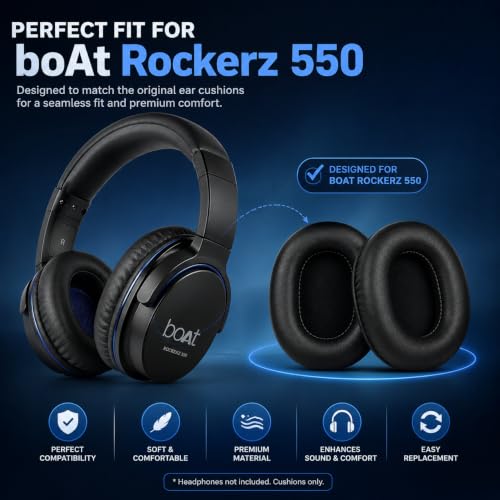 Image of Replacement Earpads for Boat Rockerz 550 / Immortal IM 700 / IM1000D / IM 1300 Headphones | Soft Memory Foam Cushions with Protein Leather - Black (1 Pair)
