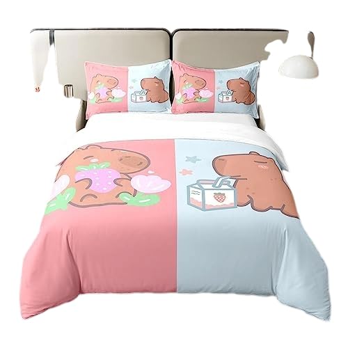 Homewish Kids Capybara 100% Cotton Duvet Cover Double,Kawaii Capybaras Comforter Cover,Cute Capybara Stuffed Animal Bedding Set,Cartoon Style Soft Breathable Quilt Cover Bedroom Decor,Pink Blue