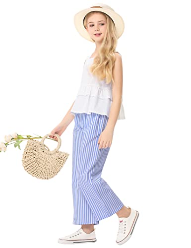 Image of Girl's 2 Piece Striped Outfits Cami Top Wide Leg Pants Ruffle Hem Summer Clothes with 2 Pockets 3-14Y
