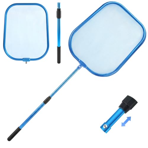 OSAMEDA 36 Hot Tub Pool Skimmer Net with Pole All-Metal Aluminum Frame & Handle for Small Above Ground Pools - Lightweight Pool Skimmer Net for Daily Leaves Bugs Removal Easy Cleaning Metal Blue