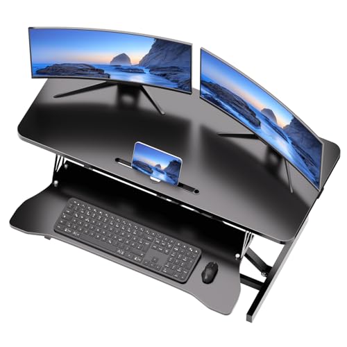 OUKMIC 32 Stable Standing Desk Converter Height Adjustable Sit to Stand Up Desk Riser with Keyboard Tray for Home or Office Wide 2-Tier Desktop Dual Monitor and Computer Workstation Black