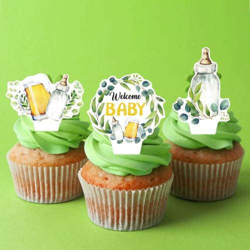 48pcs Greenery Beer Baby Shower Cupcake Toppers A Baby is Brewing Baby Shower Decorations Sage Green Beer Bottle Baby Brewing Cupcake Decors for Gender Reveal Pregnancy Celebration Party Supplies by LUCKYQUBE - Used condition - Image 6