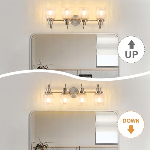Image of 4 Lights Hammered Glass Bathroom Vanity Light,Brushed Nickel | Easy Installation,Up or Down,Farmhouse Modern Style,E26 Socket,ETL Certification