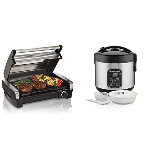 Hamilton Beach Electric Indoor Searing Grill, 6-Serving, Extra-Large Drip Tray, Stainless Steel (25361) & Digital Programmable Rice Cooker & Food Steamer, 8 Cups Cooked (4 Uncooked), Stainless Steel