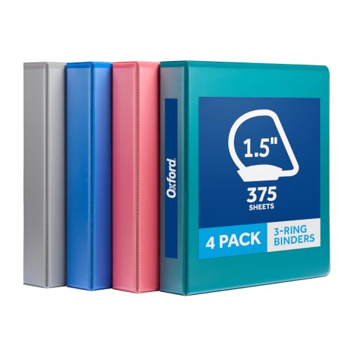 Image of Oxford 1.5 Inch 3 Ring Binders, 4 Pack, Assorted Colors, Holds 375 Sheets