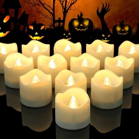 Topstone 12pcs Warm White Timer Flameless Candles,Battery Operated Led Tea Lights Candles,6 H On 18 H Off Timer Built in,Votive Candles for Halloween, Christmas, Wedding Centerpiece Table Decor Cover