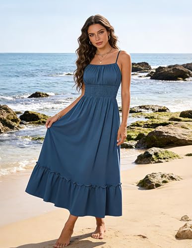Image of GRACE KARIN Women's Summer Maxi Dress 2026,Smocked Ruched Bust Sundress with Adjustable Straps & Pockets-Beach Vacation Dress