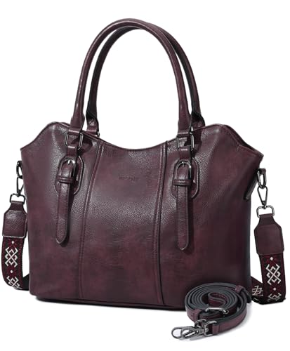 Image of VASCHY Hobo Bags for Women, Vegan Leather Top Handle Satchel Shoulder Handbag Purse with Crossbody Guitar Strap for Work/Travel/College Burgundy