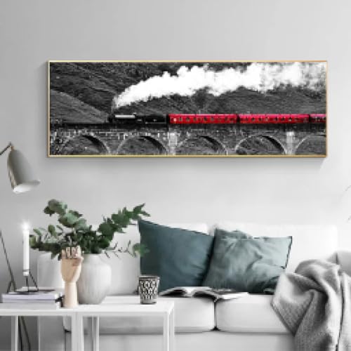 Peinture sur toile train et pont 30x90 cm encadrée pour déco salon