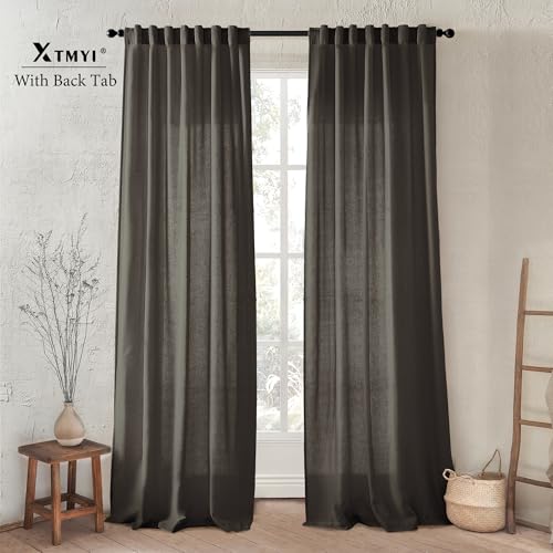 Image of XTMYI Brown Linen Curtains Drapes for Living Room Bedroom 108 Inch Curtains Long 2 Panels Semi Sheer Window Treatments for Dining Room