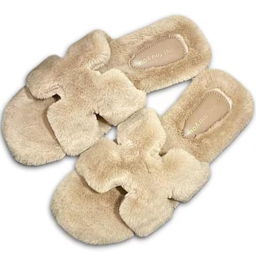 Women's Fuzzy Slippers Fluffy Cozy Comfy Memory Foam Open Toe House Slippers Faux Fur Soft Plush H-Band Slides Anti-Skid Indoor Outdoor Home Bedroom Shoes for Women